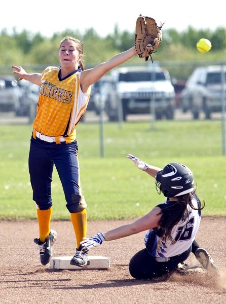 ANGELS ON THE DIAMOND &#8211; Jennifer Peterson of the St. Albert Angels stretches out for the throw to second base during Sunday&#8217;s victory in the U18 final against the 