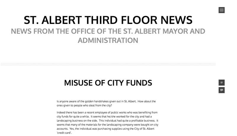 ANONYMOUS INFO – Postings on the anonymous blog Third Floor News claim that its author is a City of St. Albert employee.