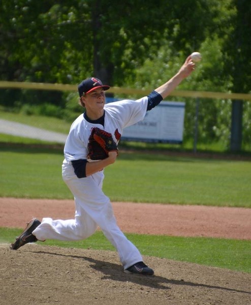 TOEING THE RUBBER &#8211; Dylan Gates delivers a pitch for the St. Albert Cardinals in Saturday&#8217;s 11-4 win over the Calgary Rockies in the NorWest Midget AAA Baseball