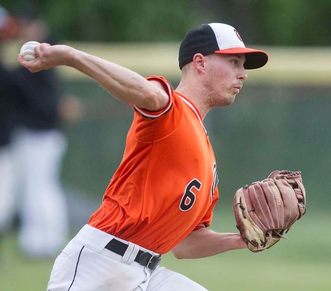 TIGER ON THE MOUND &#8211; Darren Adams is armed and dangerous for the senior AAA St. Albert Tigers in the Sunburst Baseball League. The Tigers are up to bat July 1 in Red
