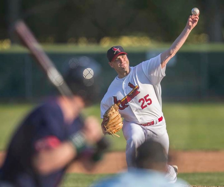 ON TARGET &#8211; John Spaans of the St. Albert Senior Cardinals aims for the strike zone against the Edmonton Blues in the Alberta West Central Baseball Association on