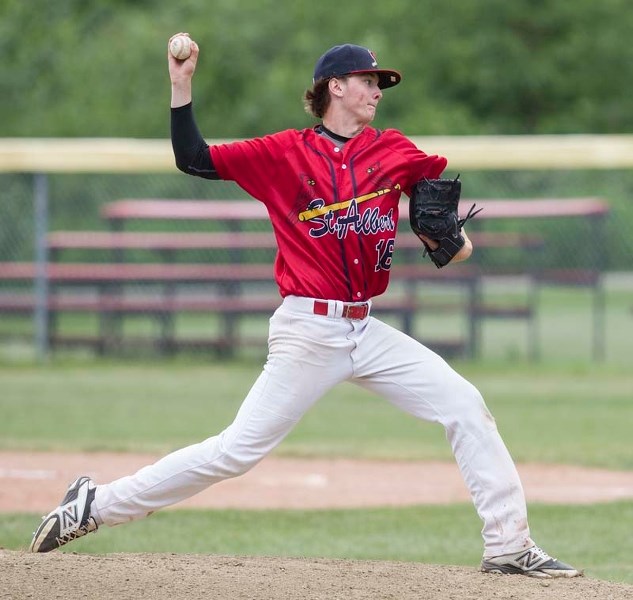 HIGH SPEED – Tanner Karpinski of the midget AAA Cardinals dominated the mound during a Saturday tilt against the Okotoks Dawgs White team at Legion Memorial Diamonds. The
