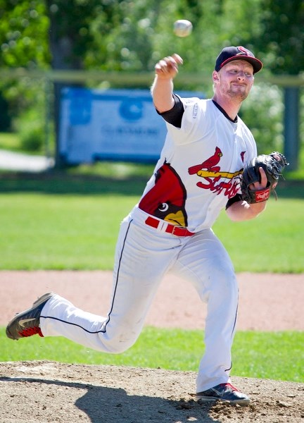 St. Albert Cardinals&#8217; Nolan Werre throws a pitch during a game against the Westlock Red Lions