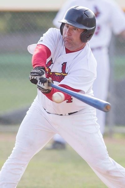 IN THE ZONE – St. Albert Senior Cardinal Rob Good takes a cut in a 4-3 win against the Spruce Grove Eagles at Legion Memorial Park on Monday.