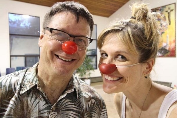 Rev. Mervin Gallant and professional clown Christine Lesiak take time out from clowning during a workshop at the St. Albert United Church Wednesday. The event was part of a