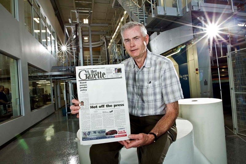 The The first Gazette coming off the new press. The problem: Getting a picture of the first issue coming off the press and running it on the front page. It&#8217;s a