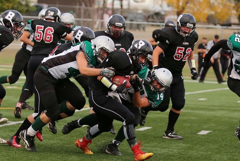 POUNDING THE BALL &#8211; The AOB Crusaders struggled stopping Tyler Feltis of the Bellerose Bulldogs in last week&#8217;s Carr division one contest at Riel Recreation Park.