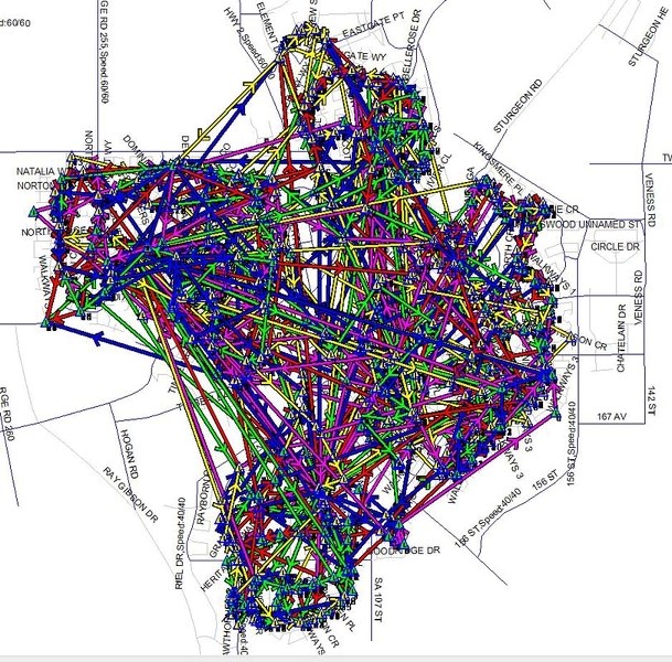 NEEDLE IN A HAYSTACK – This map depicts all the morning bus runs for St. Albert Public Schools throughout the city. There are a total of 105 runs each morning through 44
