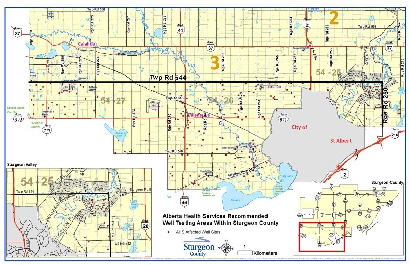 TEST WELLS HERE – Alberta Health Services is recommending that county residents in the area shown here who own their own drinking water wells send samples from those wells to 