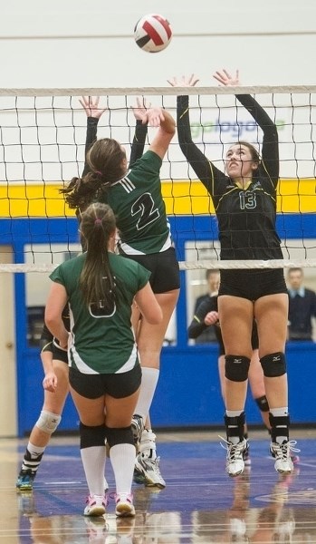 NET CHALLENGE – Lauren Cardinal of the St. Albert Skyhawks jumps to block the ball against the Edwin Parr Predators of Athabasca in Thursday&#8217;s tournament opener at the