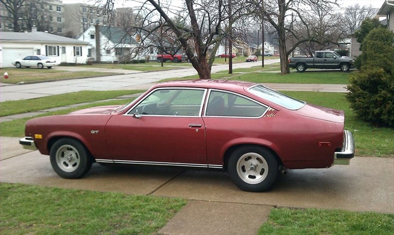 A red 1974 Vega GT.