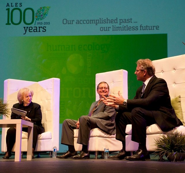 CELEBRATING AGRICULTURE – Enjoy Centre co-owner Jim Hole discusses his family&#8217;s history with the University of Alberta with former premier Ed Stelmach and former prime