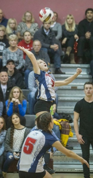 STRIKE FORCE &#8211; Lauren Miller swings into action for the Vincent J. Maloney Marauders in the SAPEC Tier 1 city final Thursday against the Sir George Simpson Voyageurs.