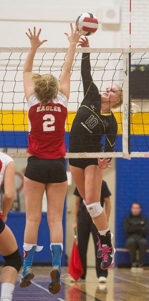 ATTACKER – St. Albert Skyhawks captain Morgan Rigelhof pounds the ball in Saturday&#8217;s final against the Strathcona Christian Academy Eagles to determine the first and