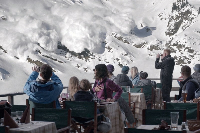 Tomas and Ebba with kids witness the avalanche that might destroy their marriage in Force Majeure.