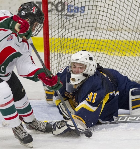BACK IN BUSINESS – Netminder Josh Dechaine and the midget AAA St. Albert Raiders resume league play Friday in Red Deer against the Chiefs. The Raiders (6-4-7) were undefeated 