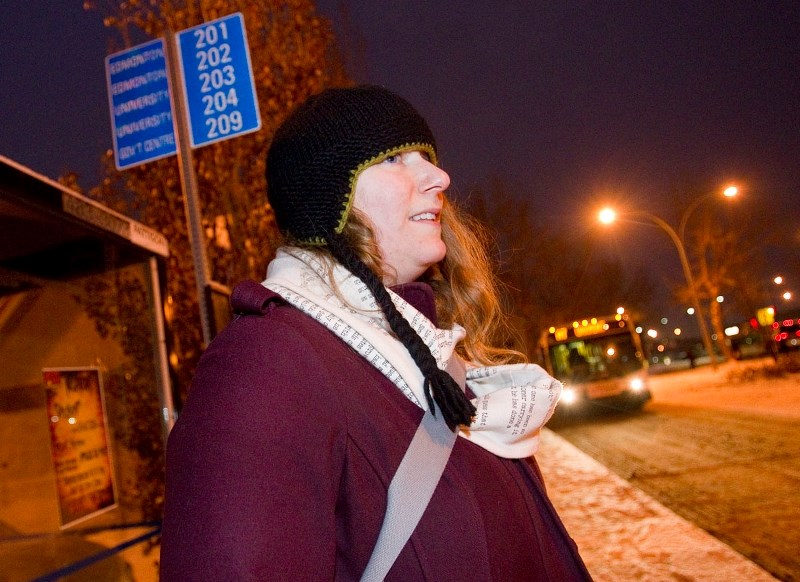 Reporter Victoria Patterson waits for the bus to start the St. Albert Gazette Great Commuter Challenge.