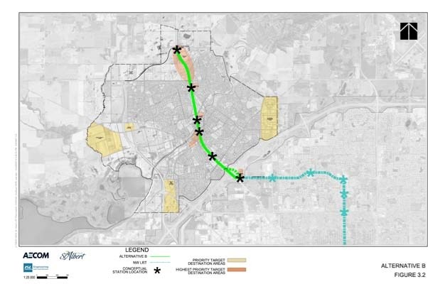 This map shows the recommended route for LRT through St. Albert.