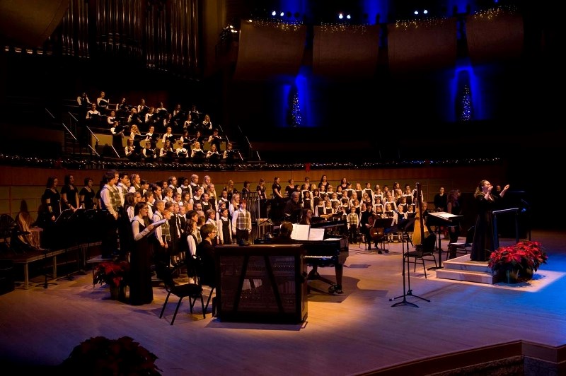 Heather Johnston conducts the Cantilon Choirs at the Winspear Centre in last year&#8217;s Christmas concert. Cantilon&#8217;s five choirs return to the Winspear this Sunday