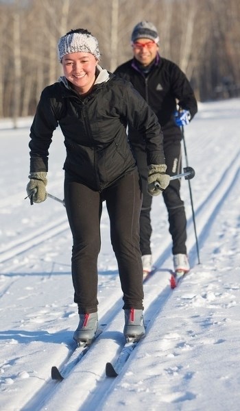 ON THE TRAILS – Gazette reporter amy Crofts gets a refresher course in cross country skiing from STANSKI instructor Ken Chin at Red Willow Park recently.