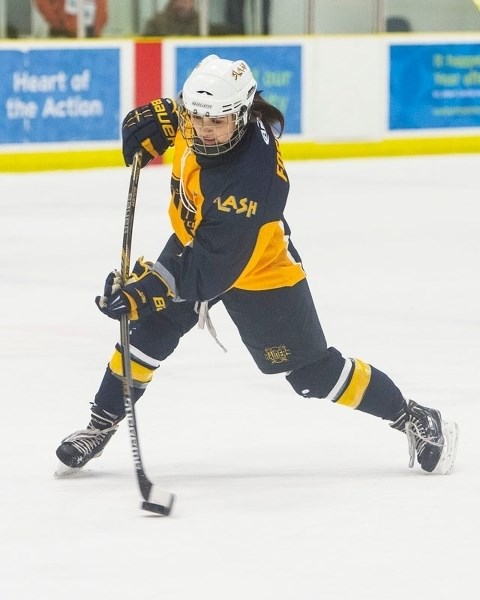 GRIP AND RIP – Sutton Foster fires the puck for the St. Albert Slash in Sunday&#8217;s 3-2 shootout loss to the first-place Calgary Fire (16-2-4) in the Alberta Major Midget