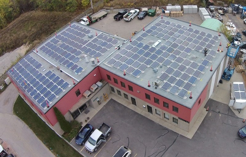 SUPER SUN POWER – An aerial shot of the installation of the 216-module solar power array placed atop the Alberco Construction building in the Riel Business Park earlier this