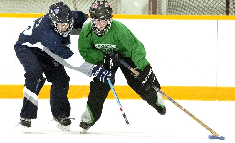 STRONG STICK – Team Alberta player Janelle Wilk of St. Albert checks the Team Saskatchewan ring bearer during Saturday&#8217;s exhibition between the Canada Winter Games