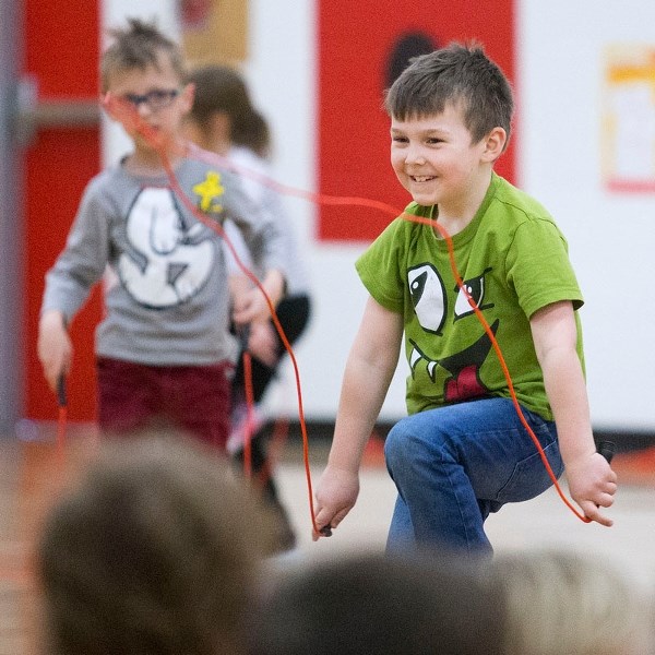 SKIPPING FOR A CAUSE – Grade 1 student Gavin Frank skips rope in front of his classmates during Vital Grandin&#8217;s fundraiser for the Heart and Stroke Foundation on