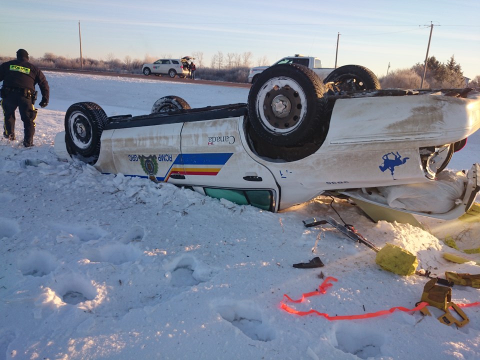 ROLLOVER &#8211; A St. Albert RCMP officer lost control of his marked police car and rolled into the ditch on Highway 44