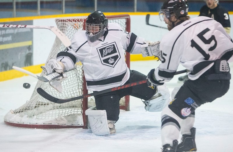 NET DEFENDER &#8211; Morinville Kings netminder Jordan Panasiuk plays the puck with teammate Tim Nolte nearby in Sunday&#8217;s North Central Hockey League game against the