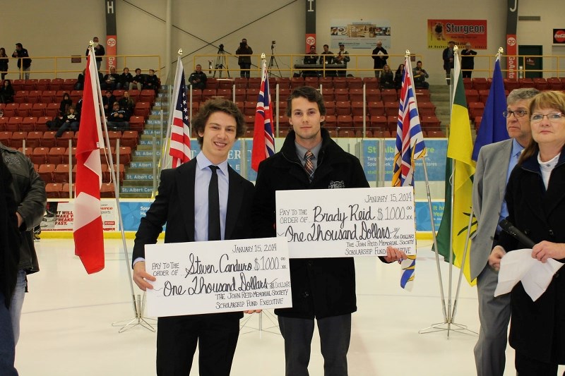 SCHOLARSHIP WINNERS – Steven Canduro and Brady Reid are the 2015 recipients of the John Reid Memorial Scholarship. The former bantam AAA St. Albert Gregg Distributors Sabres