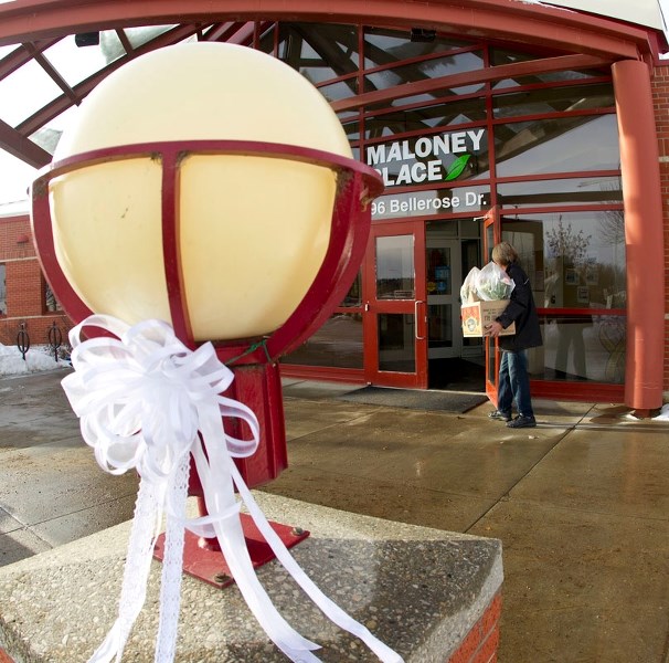 A white ribbon at the RCMP detachment following Saturday&#8217;s shooting of two St. Albert RCMP members.