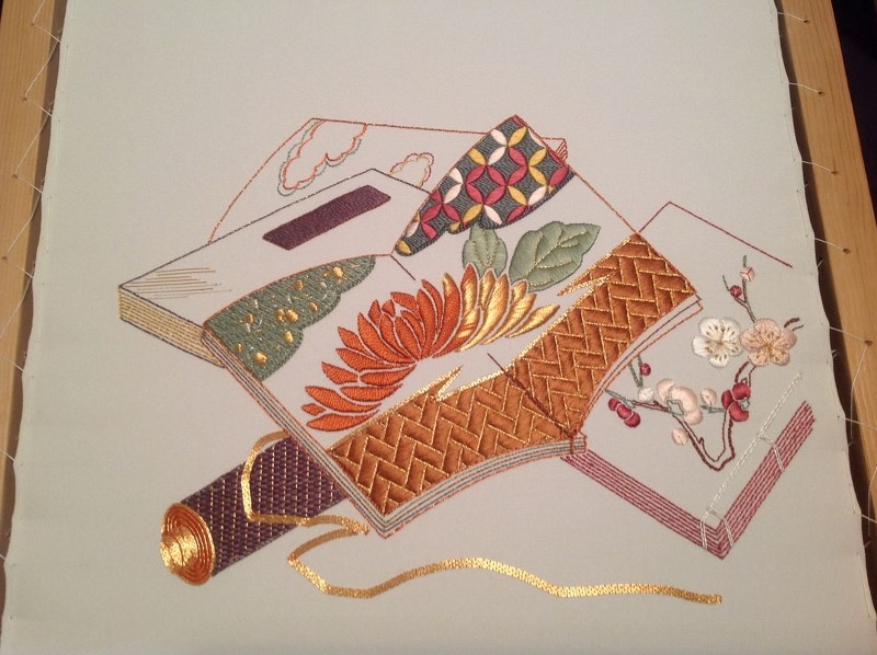 This is an example of Bev Bunker&#8217;s new Japanese silk embroidery art