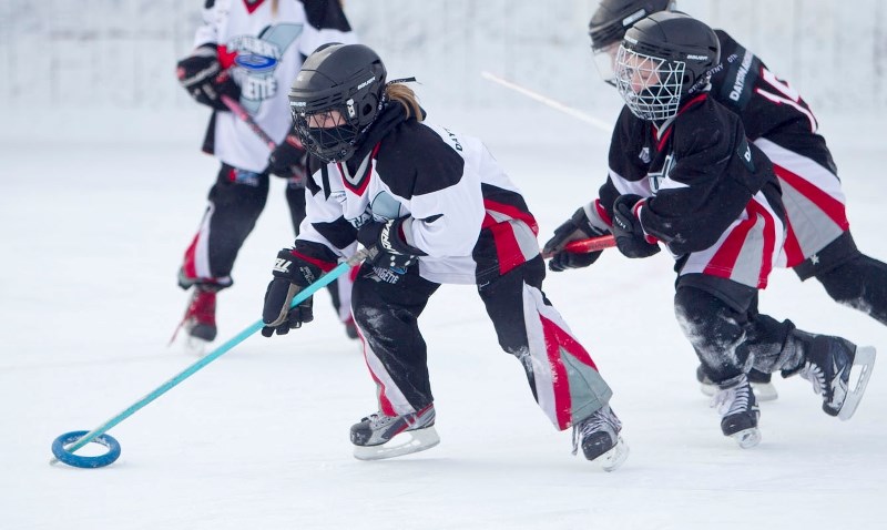 OUTDOOR RINGERS – The St. Albert Ice Devils and St. Albert Ice Crushers showcased their ringette talents at Alpine rink during last year&#8217;s Stadnyk Frozen Ring. The only 