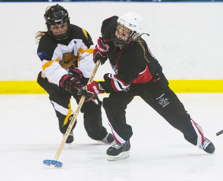 Erika Kruk of the St. Albert Mission skates with the ring during a tween U14AA game against the Central Alberta Sting. The tween
