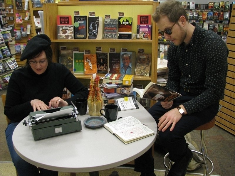 Geoff Manderscheid and Michelle Papineau-Couture hype up the library&#8217;s event to celebrate Freedom to Read Week from Feb. 22 to 28.