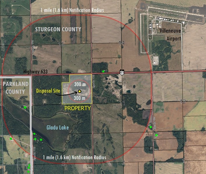 BLAST ZONE — A map showing the approximate location of the RCMP&#8217;s explosives storage and disposal site in Sturgeon County. County residents recently appealed a