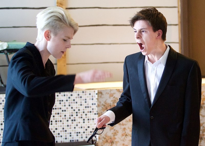 Barbara (Olivia Billsten) and Bill (Adam McMahon) act out a fight scene during a dress rehearsal of SACHS&#8217; upcoming production