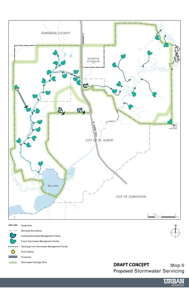 A conceptual map of stormwater servicing for the border regions between St. Albert and Sturgeon County. Consultant Urban Systems presented initial results of the joint