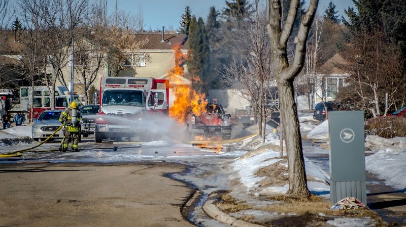 TRUCK FIRE – A fuel transfer led to a truck fire on Walden Crescent on Saturday. The owner was transported to hospital by ambulance while fire crews put out the burning truck.