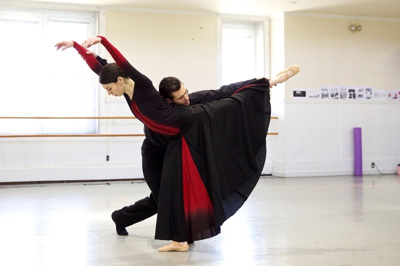 Serena Sand and Kelley McKinley rehearse a scene in Forgotten Land for Alberta Ballet&#8217;s presentation at the Jubilee Auditorium on Friday and Saturday.