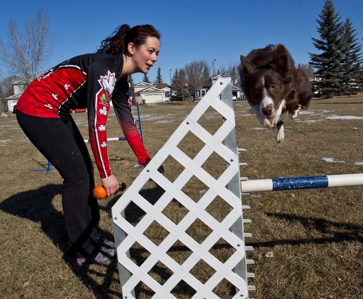 Rebecca McKay of St. Albert runs through a warm-up session with her agility dog Rush.