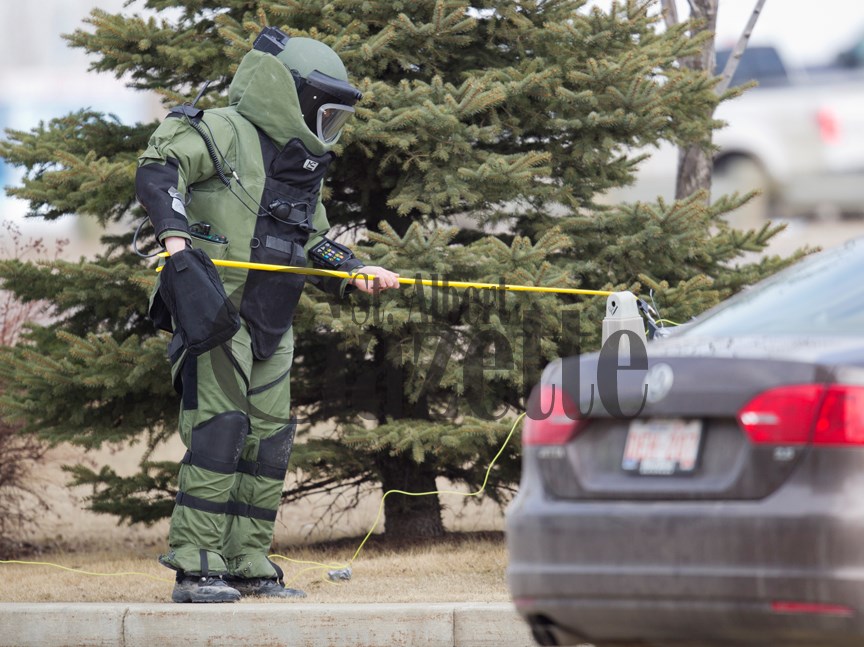 A suspicious case found near a St. Albert grocery store was blown up by the RCMP Explosives Disposal Unit Monday afternoon.