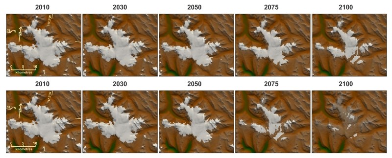 BYE BYE BANFF? — These pictures depict the future state of the Colombia icefield in the southern Rocky Mountains under two climate change scenarios modelled by B.C.