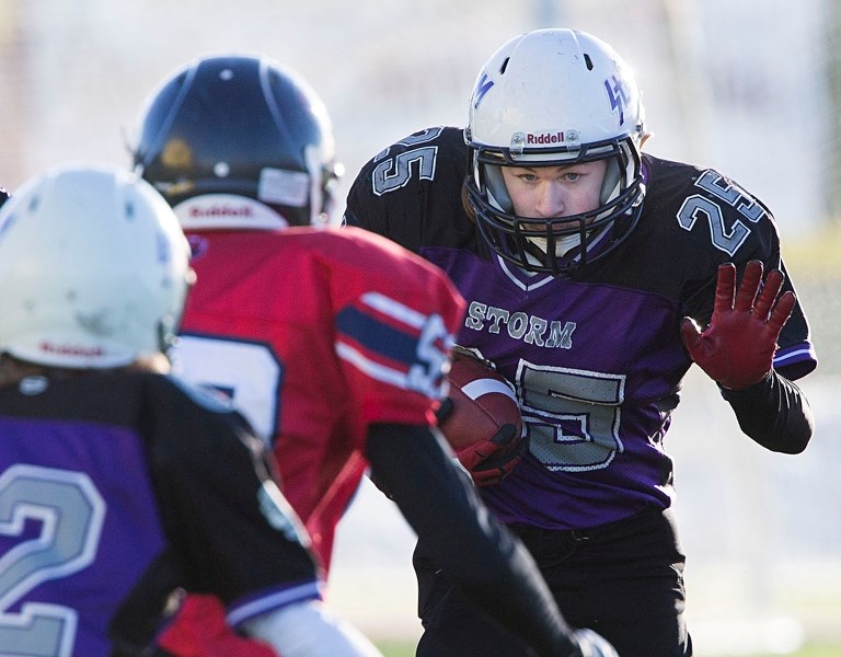 STORMING INTO THE ENDZONE – The St. Albert Storm have scored only two touchdowns in two losses in the midget spring league season and Jace Mix recorded the first one with a