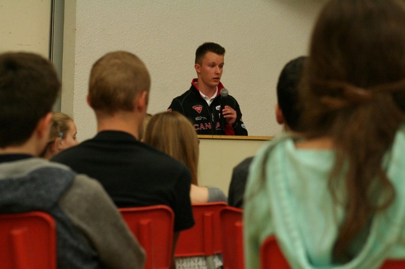 DRIVING RESPONSIBLY – A young race-car driver talked to St. Albert youth on Thursday about not driving while distracted.