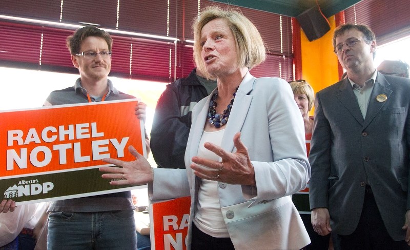 RALLY IN TOWN – NDP leader Rachel Notley speaks to a large crowd inside the La Crema Caffe