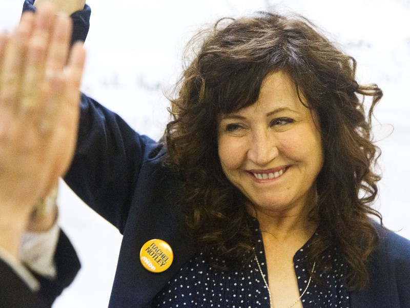 New NDP MLA Marie Renaud at her St. Albert riding campaign office as the good news began to roll in on Tuesday night.