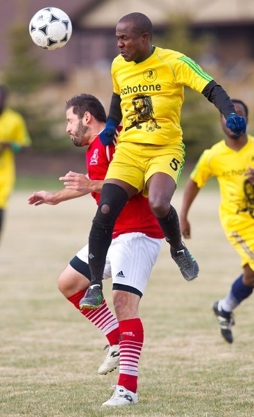 HEAD GAMES – Marc Tetreau of the St. Albert Impact Rangers is challenged on a header in Monday&#8217;s division 1A match against the Rising Stars in the Edmonton District