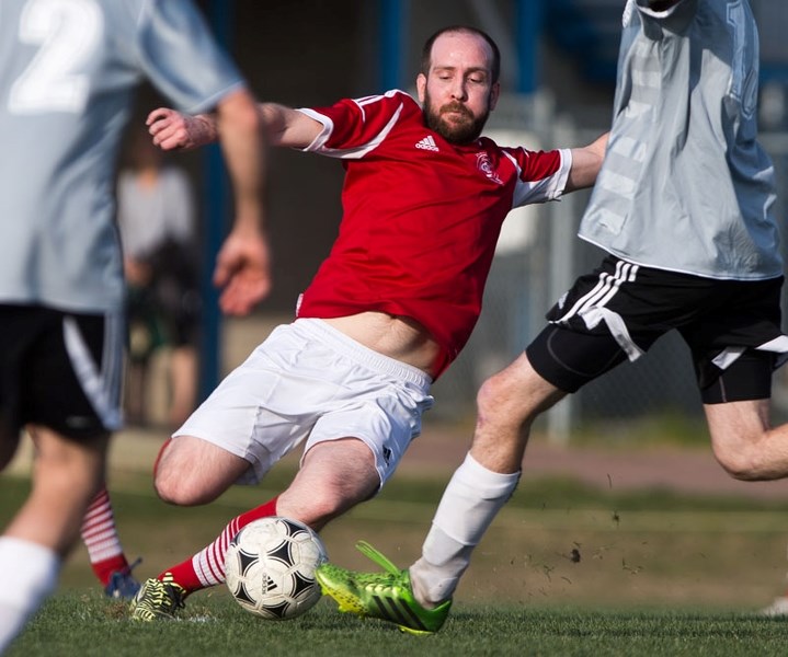 STRIKER – Dave Letourneau rips into the ball for the St. Albert Rangers in Monday&#8217;s 6-0 division 1A win over Red Hill FC in the Edmonton District Soccer Association.